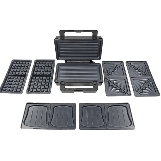 Sandwich maker, Paxton, 1000W, 4 in 1, grill, gofre, sandwich, indicatoare luminoase, carlig de inchidere, depozitare verticala, dimensiune placi de lucru, argintiu negru, antiaderent, 28.5 x 15.3 cm
