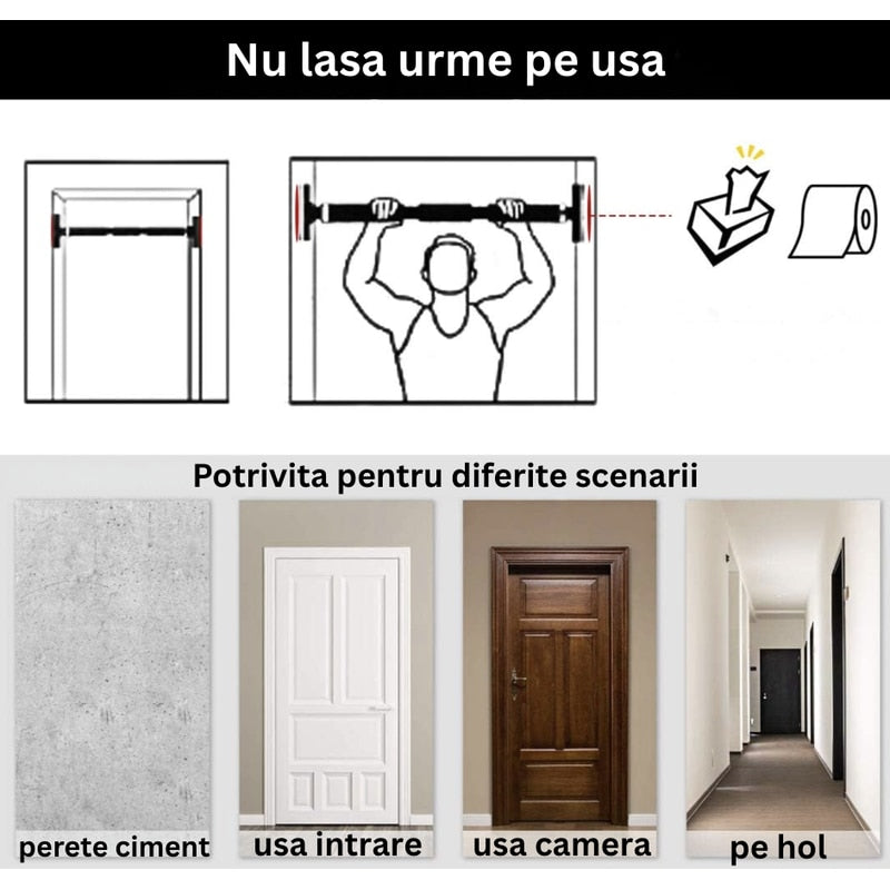 Bara tractiuni telescopica cu prindere pe usa, 4 in 1, reglabila 72-98 cm compatibil majoritatea usilor, fara gauri in pereti, simplu de montat apartament, NETERRA, Sarcina 200 kg max, Negru rosu