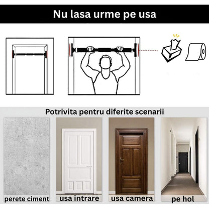 Bara tractiuni telescopica cu prindere pe usa, 4 in 1, reglabila 72-98 cm compatibil majoritatea usilor, fara gauri in pereti, simplu de montat apartament, NETERRA, Sarcina 200 kg max, Negru rosu
