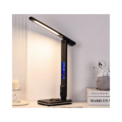 Veioza LED Hoff Noire, 5.5 W, 430 lm, lumina calda, neutra, rece, dimabil, incarcator wireless, afisare temperatura, ceas, data, alarma, negru, modern