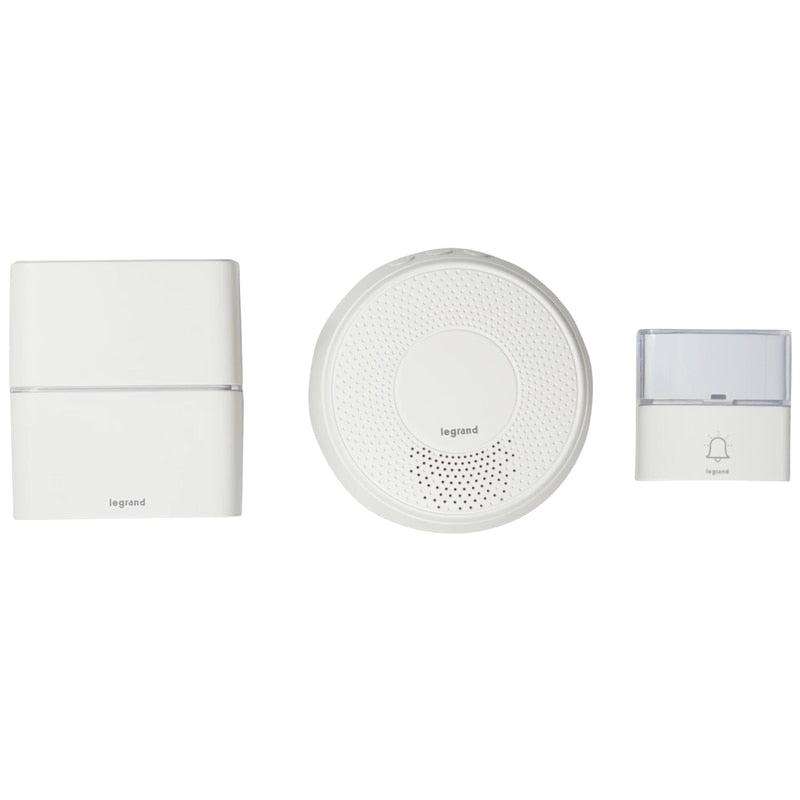 Sonerie fara fir dubla Legrand, LED, 30 melodii si MP3, raza actiune 200 m, sunet 80dB, protectie exterior IP54, alb, Baterii sonerie 3 x AA 1.5 V (neincluse), 230 V, Baterii buton 1 x CR2032 inclusa