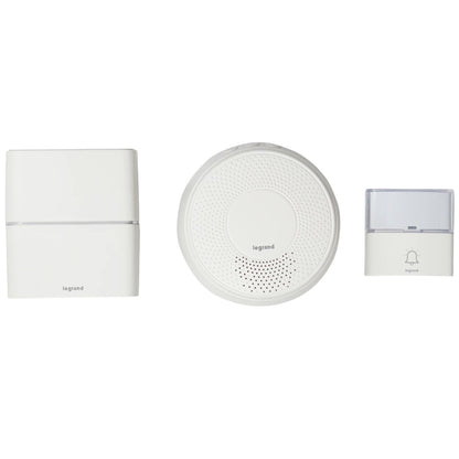 Sonerie fara fir dubla Legrand, LED, 30 melodii si MP3, raza actiune 200 m, sunet 80dB, protectie exterior IP54, alb, Baterii sonerie 3 x AA 1.5 V (neincluse), 230 V, Baterii buton 1 x CR2032 inclusa