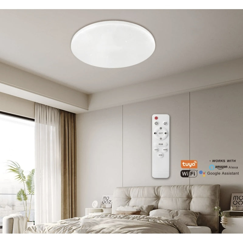 Plafoniera LED RGB inteligenta Hoff, 60 W, 4950 lm, Smart, lumina calda, neutra, rece, multicolora, cu telecomanda, alb, modern, Amazon Alexa, Google Home, SmartThings, RGB, 220V