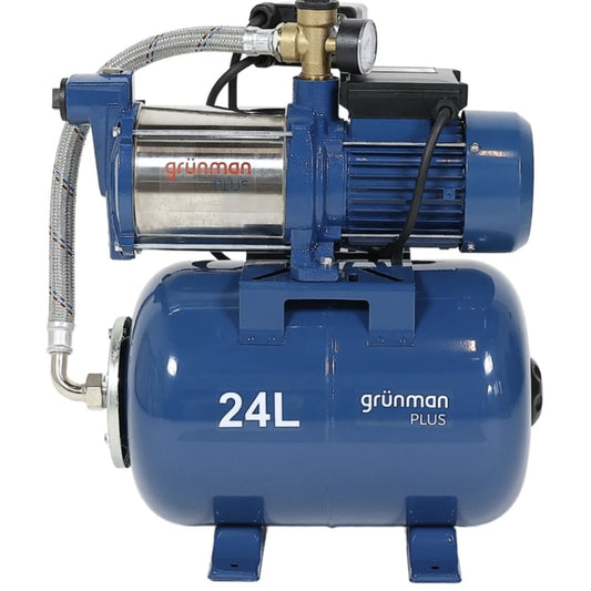 Hidrofor Grunman Plus, cu pompa autoamorsanta din inox, vas 24 L, presostat, manometru, racord flexibil antivibrant, racord 5 cai, 1300 W, IPX8, 3 Bar, 5.4 mc/h, 230V, 35 grade max