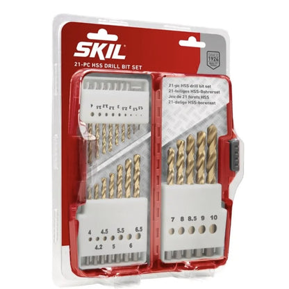 Burghiu pentru metal, tip HSS, coada cilindrica, Skil, 1.5 - 10 mm, set 21 bucati, cutie de depozitat practica, Compatibilitate cu masina de gaurit, masina de gaurit / insurubat, prindere cilindrica