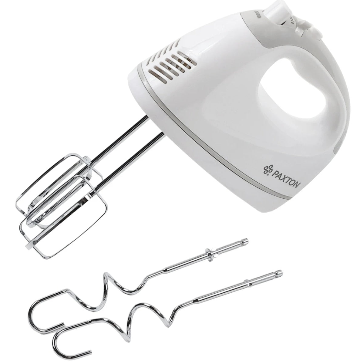 Mixer de mana, Paxton, 300 W, 5 viteze, functie Turbo, carlig framantare, paleta amestecare, buton de ejectare accesorii, alb cu gri, 1.16 kg, 82 db, 7.7 x 18.2 x 15.1 cm, 230V, 0.8 m, plastic metal