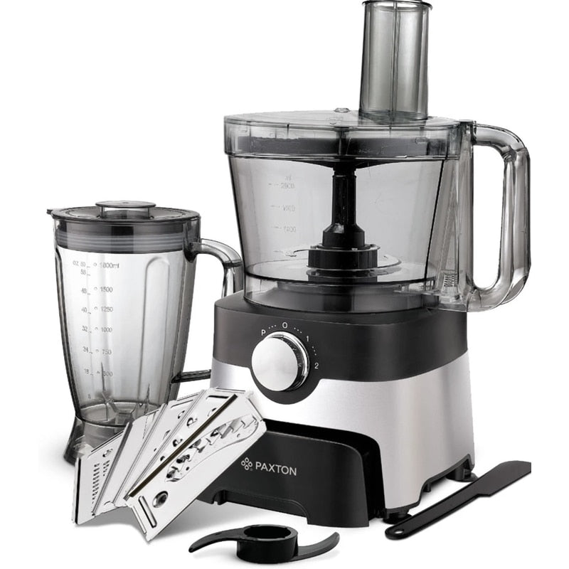 Robot de bucatarie Paxton, 1000W, 2 viteze, functie Pulse, vas mixare 3.5l, blender 1.8l, tocarea, framantare, maruntire si feliere, lame taiere otel inoxidabil, 29.1 x 22.3 x 43 cm, 4 kg, 230V