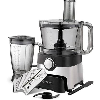 Robot de bucatarie Paxton, 1000W, 2 viteze, functie Pulse, vas mixare 3.5l, blender 1.8l, tocarea, framantare, maruntire si feliere, lame taiere otel inoxidabil, 29.1 x 22.3 x 43 cm, 4 kg, 230V