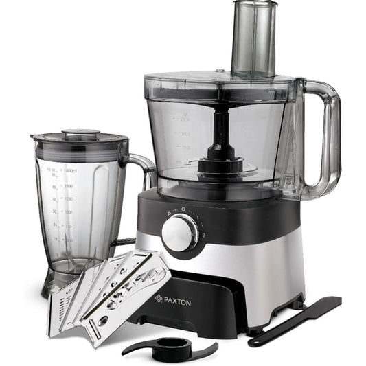 Robot de bucatarie Paxton, 1000W, 2 viteze, functie Pulse, vas mixare 3.5l, blender 1.8l, tocarea, framantare, maruntire si feliere, lame taiere otel inoxidabil, 29.1 x 22.3 x 43 cm, 4 kg, 230V