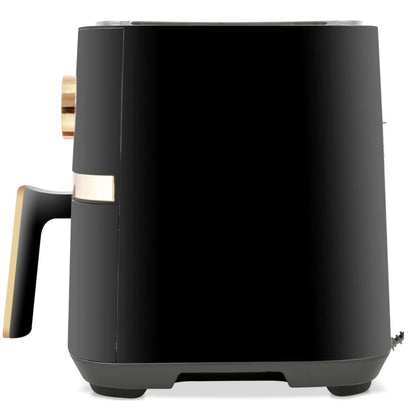 Friteuza cu aer cald, airfryer, Zass, 1450W, 5 litri, 8 programe, oprire automata, digital, vas antiaderent, termostat reglabil, maner termoizolant, negru si auriu, 3.8kg, cablu 0.6m, 27 x 31 x 33 cm