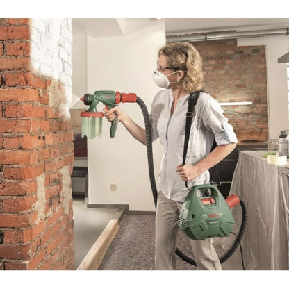 Pistol de vopsit electric, Bosch, 650 W, pulverizare simpla a tuturor tipurilor de vopsea, pentru pereti, lacuri sau lazuri, 300 ml / min, 2.8 kg, 230 V, reumplere rapida, curea de umar, filtru