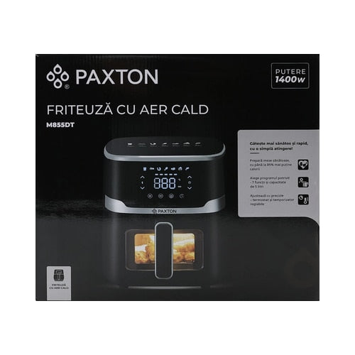 Friteuza cu aer cald, airfryer, Paxton, 1400 W, 5 litri, lumina interioara, timer, afisaj digital tactil, termostat reglabil, interval temperatura 80 la 200 grade, 7 programe, negru