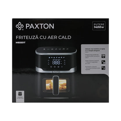 Friteuza cu aer cald, airfryer, Paxton, 1400 W, 5 litri, lumina interioara, timer, afisaj digital tactil, termostat reglabil, interval temperatura 80 la 200 grade, 7 programe, negru