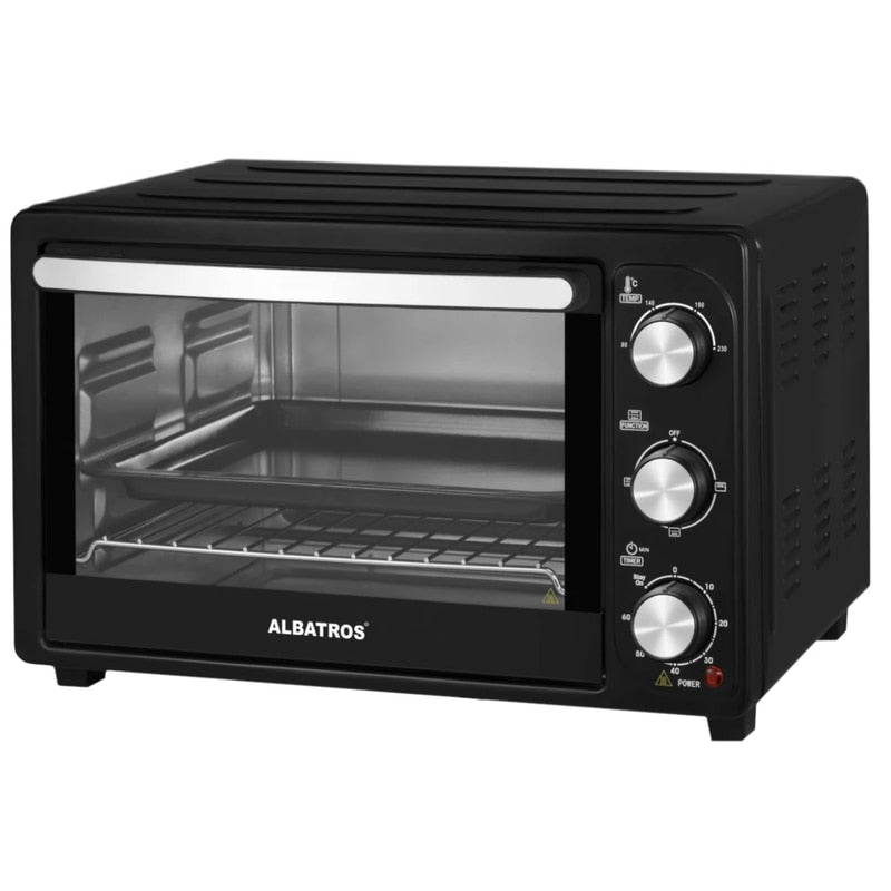 Cuptor electric Albatros, 28 litri, 1500 W, 4 programe, timer, functie Stay On, geam dublu, negru, model compact, 230 grade max, 6.2 kg, 230V, 31 x 48.5 x 37.5 cm, include gratar inox, tava
