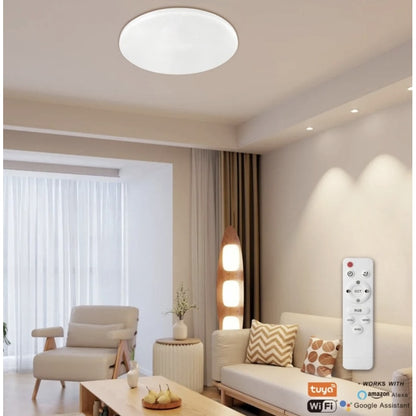 Plafoniera LED RGB inteligenta Hoff, 60 W, 4950 lm, Smart, lumina calda, neutra, rece, multicolora, cu telecomanda, alb, modern, Amazon Alexa, Google Home, SmartThings, RGB, 220V