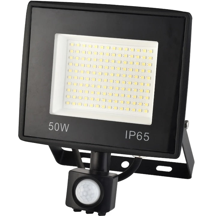 Proiector LED cu senzor de miscare Hoff, 50 W, 6500 lm, lumina rece, IP65, 6500K, 230V, 20.000 ore autonomie