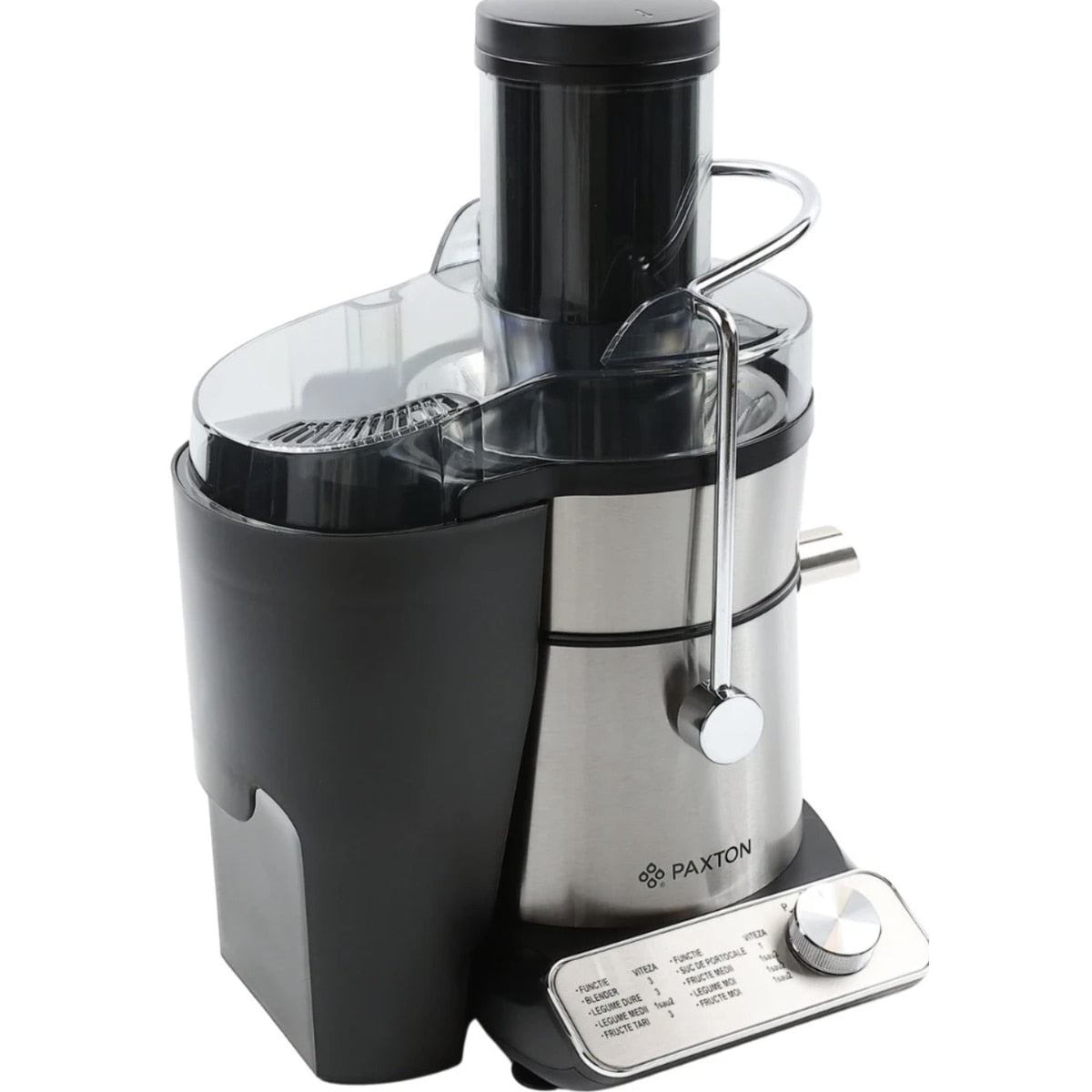 Storcator de fructe si legume, Paxton, 1000 W, 3 viteze, recipient pulpa 2 litri, recipient suc 1 litru, argintiu cu negru, otex inoxidabil, Element fixare capac, perie inclusa, 1 m, 230 V, 3.6 kg
