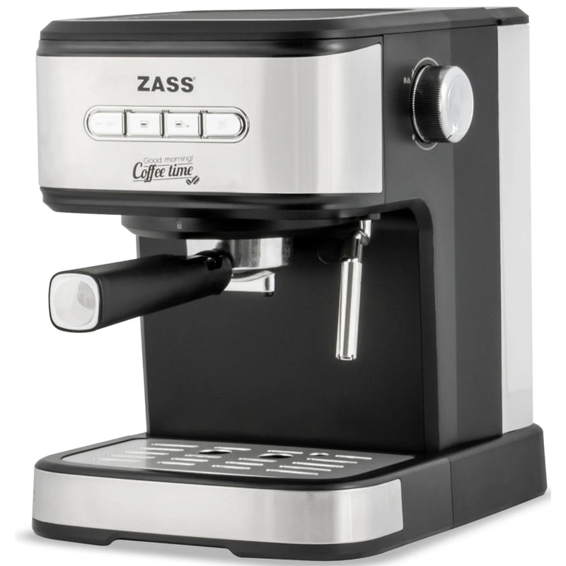 Espressor cafea Zass, cafea macinata, 20 bar, 850 W, capacitate 1.5 litri, panou de control cu 4 butoane iluminate, buton rotativ pentru controlul gradului de spumare, argintiu + negru, 76 dB