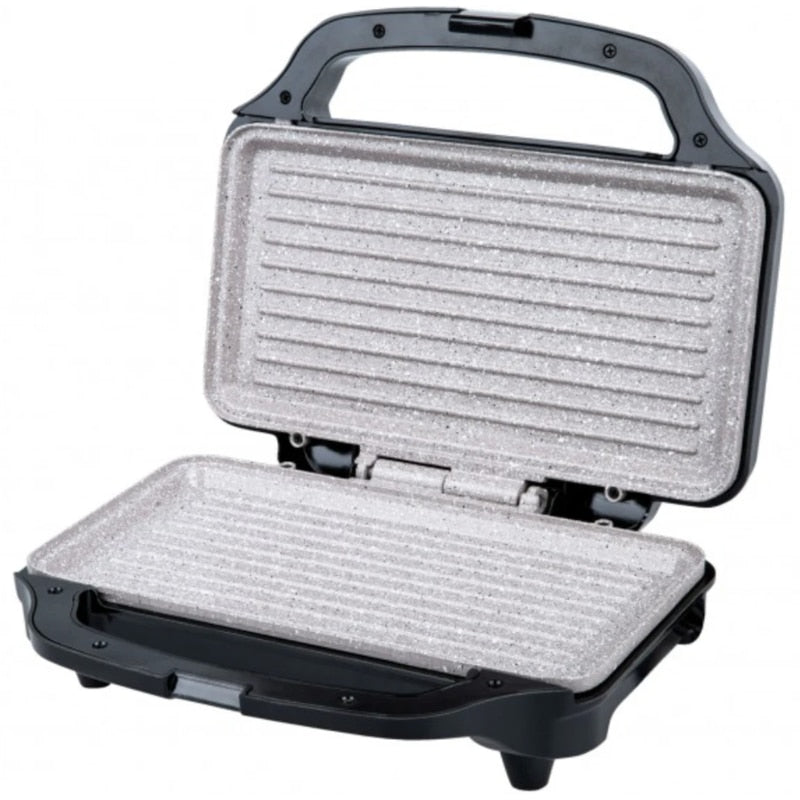 Sandwich maker, Rohnson, 900 W, 2 sandwich-uri, functie blocare, picioare antiderapante, maner izolat termic, carcasa din otel inoxidabil, protectie supraincalzire, argintiu, 1.73 kg, negru, cablu 1m