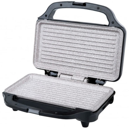 Sandwich maker, Rohnson, 900 W, 2 sandwich-uri, functie blocare, picioare antiderapante, maner izolat termic, carcasa din otel inoxidabil, protectie supraincalzire, argintiu, 1.73 kg, negru, cablu 1m
