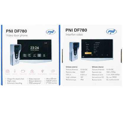Interfon video PNI DF780 cu 1 monitor, ecran 7 inch 1080p, slot card, IP65, comanda 2 porti, inregistrare miscare eveniment, conexiune maxim 4 monitoare, 2 unitati externe si 2 camere CCTV