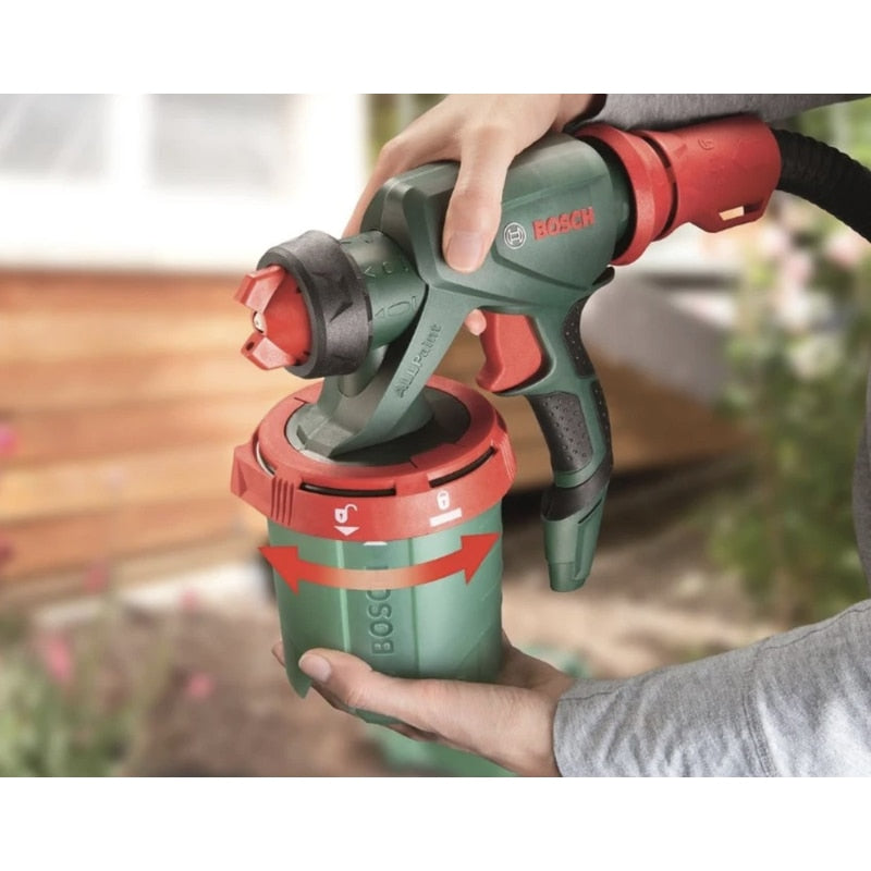 Pistol de vopsit electric, Bosch, 650 W, pulverizare simpla a tuturor tipurilor de vopsea, pentru pereti, lacuri sau lazuri, 300 ml / min, 2.8 kg, 230 V, reumplere rapida, curea de umar, filtru