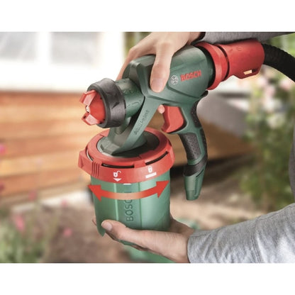 Pistol de vopsit electric, Bosch, 650 W, pulverizare simpla a tuturor tipurilor de vopsea, pentru pereti, lacuri sau lazuri, 300 ml / min, 2.8 kg, 230 V, reumplere rapida, curea de umar, filtru