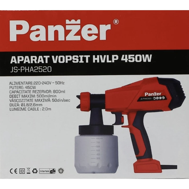 Pistol de vopsit Panzer, 450 W, 800 ml, 500 ml/min, include 2 duze, 230V, Vascozitate maxima 50 din/sec, Utilizare vopsele pe baza de solventi si apa, grunduri, lacuri, pompare 500 ml / min