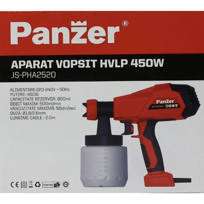 Pistol de vopsit Panzer, 450 W, 800 ml, 500 ml/min, include 2 duze, 230V, Vascozitate maxima 50 din/sec, Utilizare vopsele pe baza de solventi si apa, grunduri, lacuri, pompare 500 ml / min