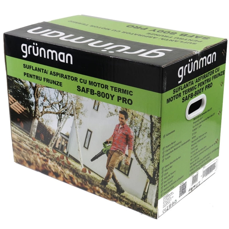 Suflanta / aspirator frunze, pe benzina, Grunman, motor termic in 2T, 0.8 k.W, 1.09 CP, sac 45 l, alimentare amestec benzina + ulei, 6.25 kg, 108 dB, 7500 rot/min, Raport de tocare 16:1, 252 km/h