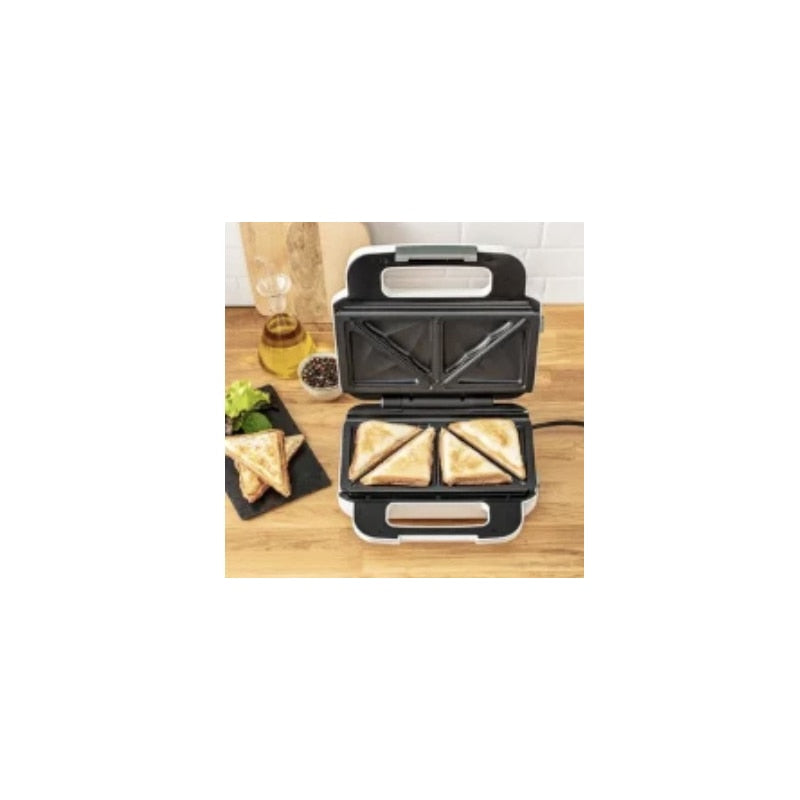 Sandwich maker, Tefal, 850 W, alb + argintiu, placi antiaderente tip triunghi + vafe, indicator luminos, maner termorezistent, dimensiune placi de lucru 26.8 x 13.7 cm, 3.37 kg, 220 V, maner rece