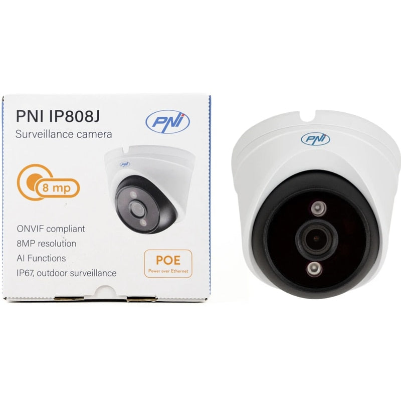 Camera de supraveghere PNI, 8MP, Ultra HD, 4K, alb, IP67, interior si exterior, 240 g, Vedere nocturna de 30 m, Ethernet RJ45 10 100 Mbps, consum 4W, LED