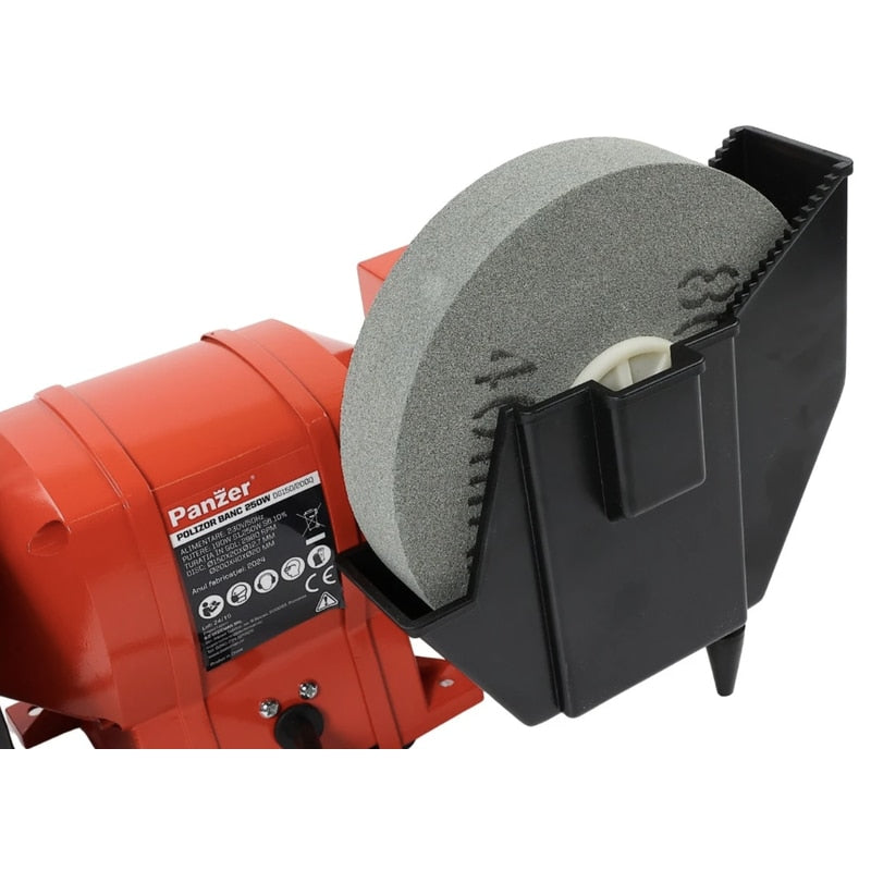Polizor de banc Panzer, 250W, 2950rpm, 150mm, polizare uscata si umeda, scut de protectie pentru ochi, ideal pentru ascutirea cutitelor, daltilor si altor scule de taiere, 230V, ventilare racire
