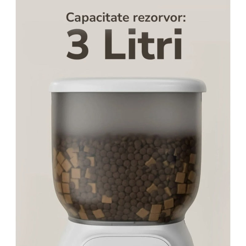 Dispenser hrana pisici, caini, automat, E-Boda, programabil, alimenatre dubla, plastic, alb, 3 l