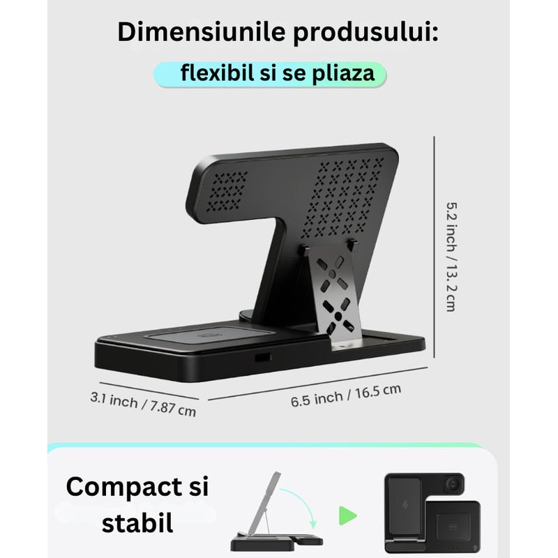 Statie de incarcare wireless 3-in-1, telefon, casti, smart watch, ceas inteligent, Fast Charge 15W, usor de transportat, neagra, brand NETERRA, protectie supraincalzire si supratensiune