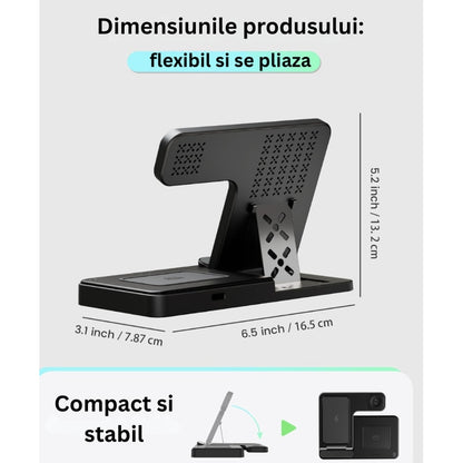 Statie de incarcare wireless 3-in-1, telefon, casti, smart watch, ceas inteligent, Fast Charge 15W, usor de transportat, alba, brand NETERRA, protectie supraincalzire si supratensiune
