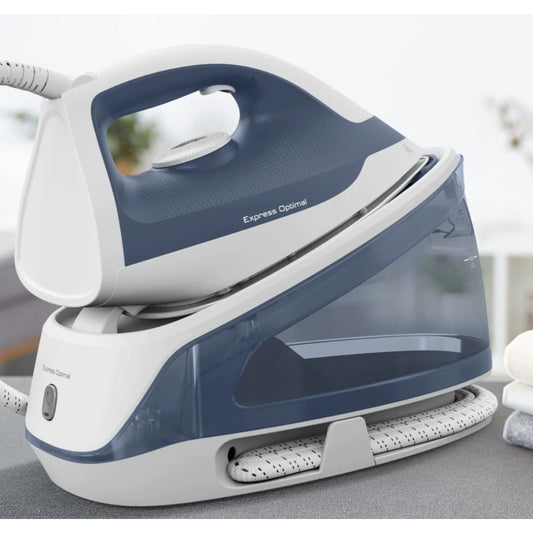 Statie de calcat Tefal Express Optimal, 2200 W, 1.2 litri, jet de abur 190 g/min, talpa Xpress Glide, jet de abur vertical, presiune 5 bar, oprire automata, functie anticalcar, alb albastru