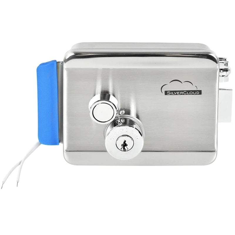 Yala electromagnetica SilverCloud, butuc dublu, aplicat, alama si nichel satinat, 12V, dimensiuni 12.5x9.8x3.9cm