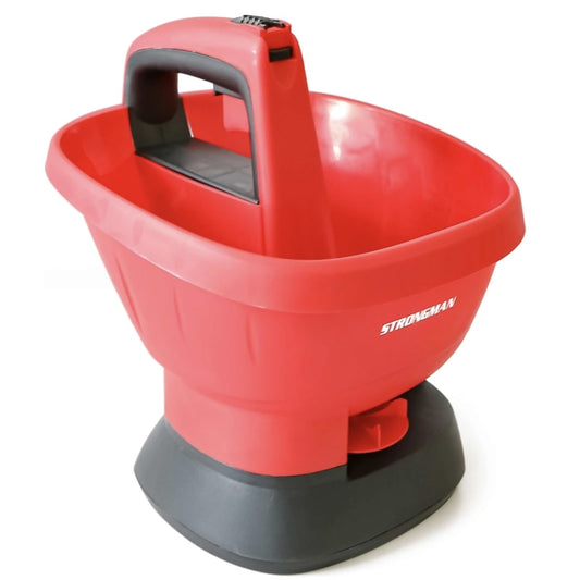 Dispozitiv imprastiere seminte si ingrasamant Strongman, distanta imprastiere 2 m, ideal suprafete pana la 1000 mp, plastic, rosu, electric, capacitate 2.7 L, 4 baterii AA, lungime 27 cm