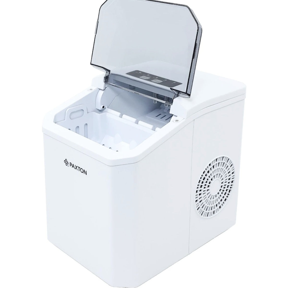 Aparat de facut gheata, Paxton, 100 W, capacitate 1.3 l, capacitate productie cuburi 10.5 kg/24 h, 9 cuburi in 6 min, selectare dimensiune cuburi, indicator lipsa apa, functie de autocuratare, alb