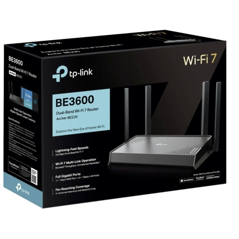Router wireless TP-Link Archer, Wi-Fi 7, Dual-Band, 2.4 / 5 GHz, 688 + 2882 Mbps, 4 antene externe, negru, 0 ~ 40 grade functionare, Comutator on off, din plastic, sistem operare Android, iOS