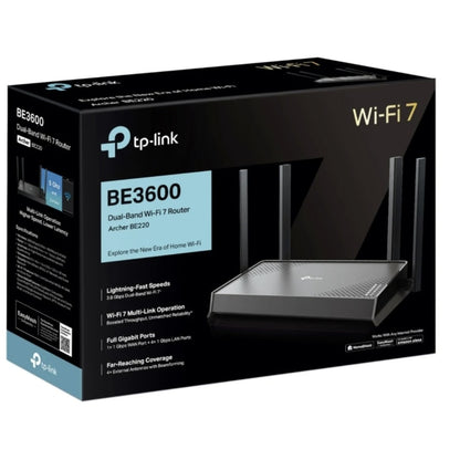 Router wireless TP-Link Archer, Wi-Fi 7, Dual-Band, 2.4 / 5 GHz, 688 + 2882 Mbps, 4 antene externe, negru, 0 ~ 40 grade functionare, Comutator on off, din plastic, sistem operare Android, iOS