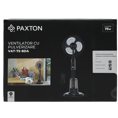 Ventilator cu umidificator Paxton, 75 W, 3 viteze, diametru 43 cm, rezervor apa 3.2 litri, oscilatie, timer, ultrasunete, negru, telecomanda, cu pulverizare apa, 125 cm inaltime, 1.65 m cablu, 7 kg