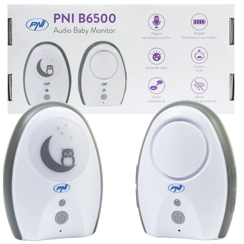 Audio baby monitor PNI, wireless, cu lampa de veghe, cu difuzor, functie VOX si Pager, sensibilitate microfon reglabila fara fir, include 6 baterii x AAA, din plastic, alb, receptor alimentare 230 V