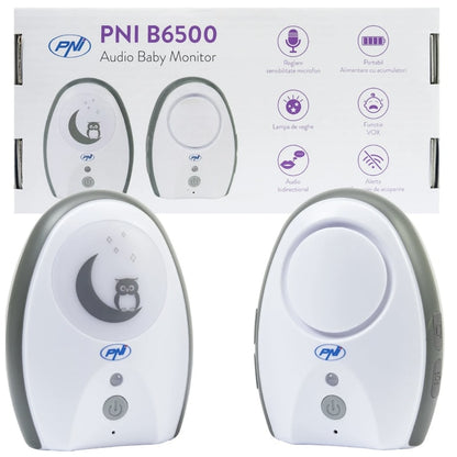 Audio baby monitor PNI, wireless, cu lampa de veghe, cu difuzor, functie VOX si Pager, sensibilitate microfon reglabila fara fir, include 6 baterii x AAA, din plastic, alb, receptor alimentare 230 V