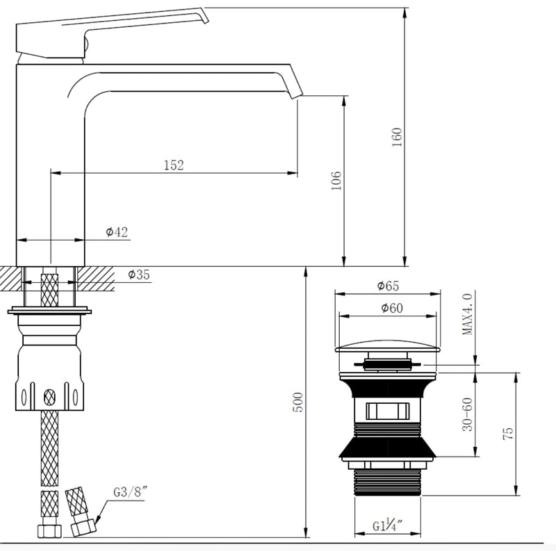 Baterie baie pentru lavoar, Kadda Girard, montaj stativ, monocomanda, finisaj gri periat, ventil inclus, 10 l/min, pipa medie 16 cm inaltime, actionare manuala, include furtun flexibil, racorduri