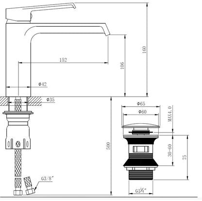 Baterie baie pentru lavoar, Kadda Girard, montaj stativ, monocomanda, finisaj gri periat, ventil inclus, 10 l/min, pipa medie 16 cm inaltime, actionare manuala, include furtun flexibil, racorduri