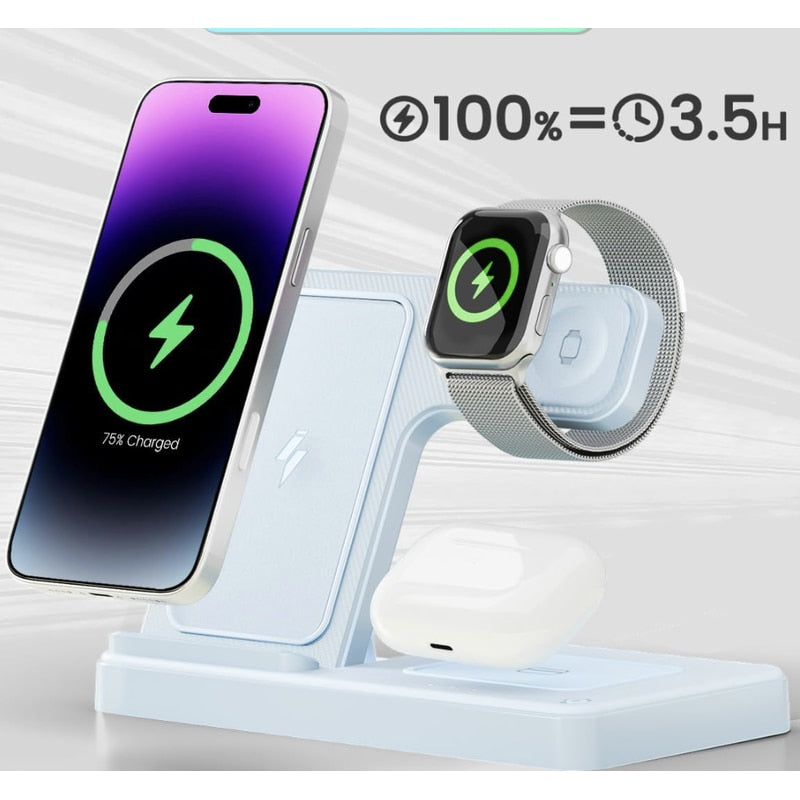 Statie de incarcare wireless 3-in-1, telefon, casti, smart watch, ceas inteligent, Fast Charge 15W, usor de transportat, alba, brand NETERRA, protectie supraincalzire si supratensiune