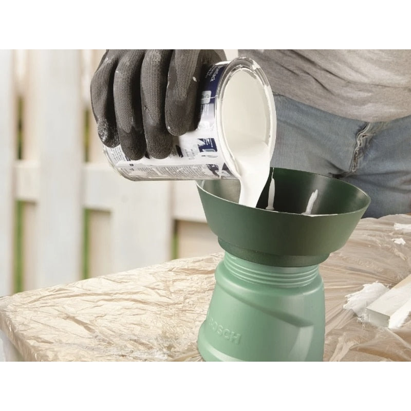 Pistol de vopsit electric, Bosch, 440 W, furtun 1.3 m, 230 V, rezervor 0.8 l, din plastic rezistent, portabil si usor de manevrat, 2 kg, 200 ml / min, curea, palnie, duza pentru vopsele de perete