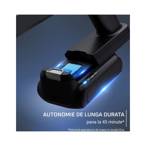 Aspirator vertical Rowenta X-Pert, ciclonic, aspirare uscata, pentru uz casnic si auto, perie cu iluminare LED, acumulator Li-ion 18 V, 0.44 litri, 140 W, negru si violet